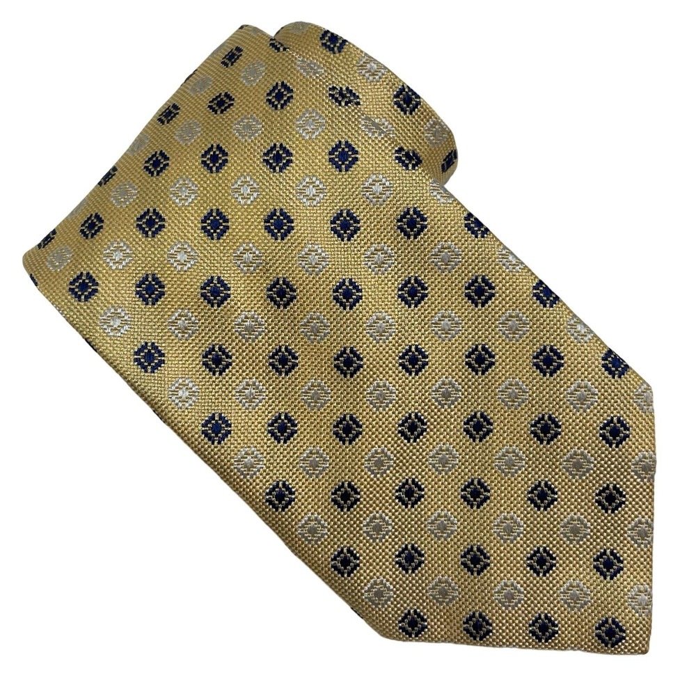 Canali Designer Men's Silk Necktie Yellow Blue Silver Geometric Squares